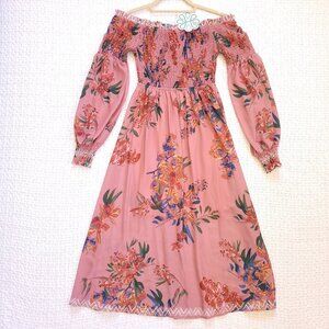 New Flying Tomato mauve and floral long sleeve off-the-shoulder dress